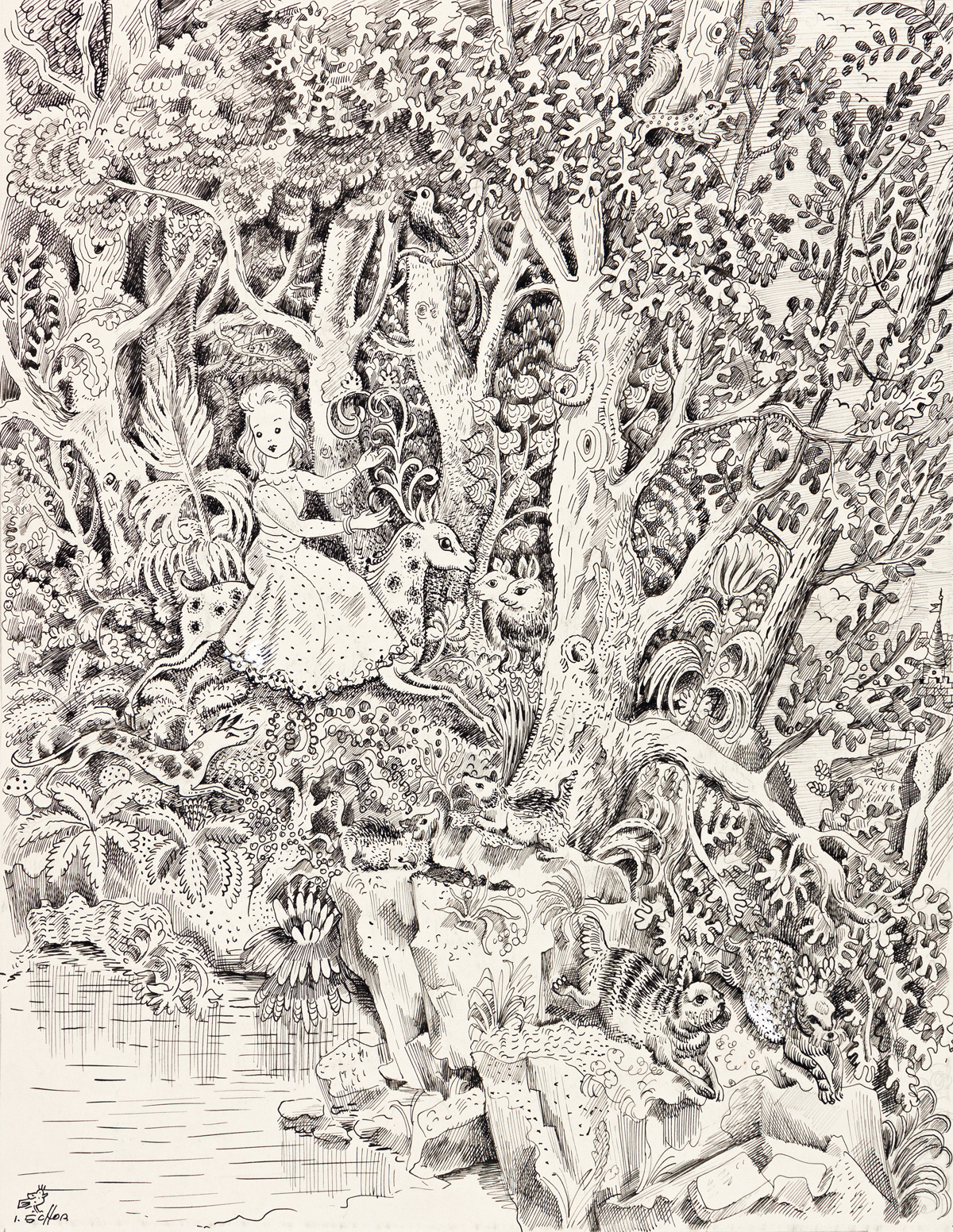 ILYA SCHOR (1904-1961) Woodland Scene. [CHILDRENS / JEWISH ART / FAIRY TALE]